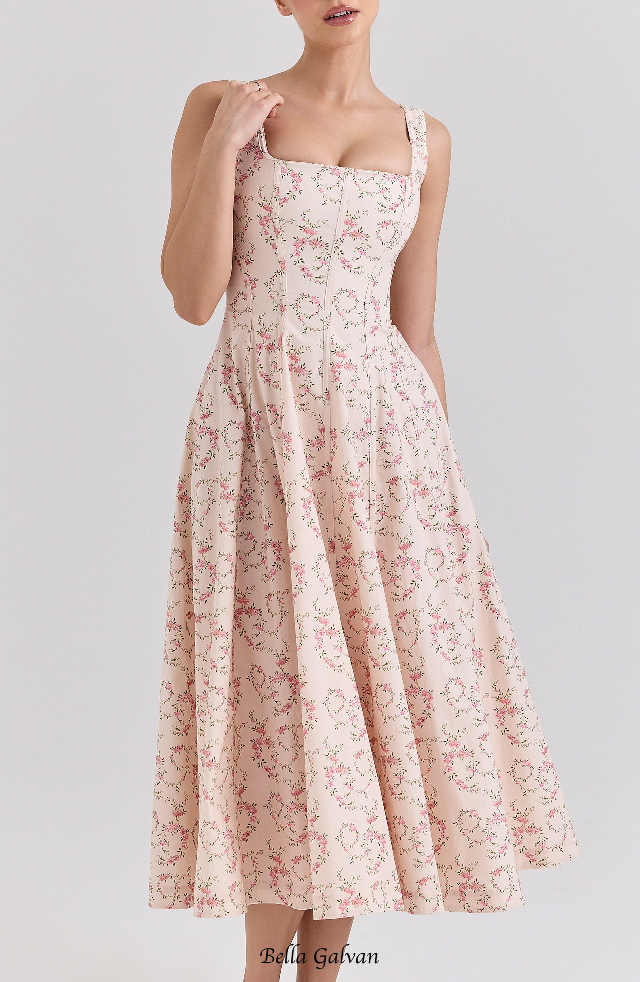 gemma Floral Cream Lace-Up Stretch Cotton Midi Dress