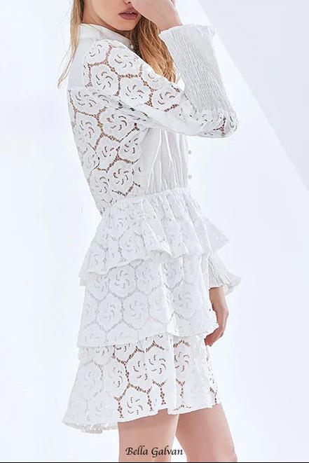 vanessa Long Sleeves Layered Lace Mini Dress in white