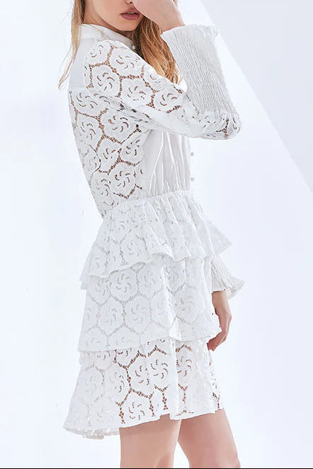 Vanessa Long Sleeves Layered Lace Mini Dress In White