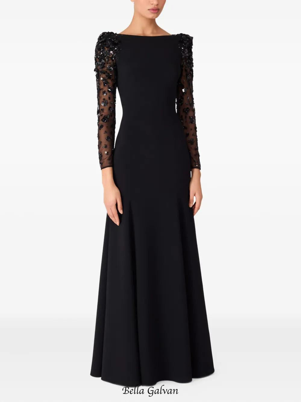 martha Mesh splicing beading diamond maxi dress in black