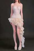 Flowering Girl Women Irregular Petal Lace Bodycon Mini Skirt Set In Beige