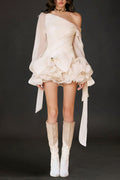 Flowering Girl Women Apricot Ruffle Diagonal Long Sleeve Mini Dress