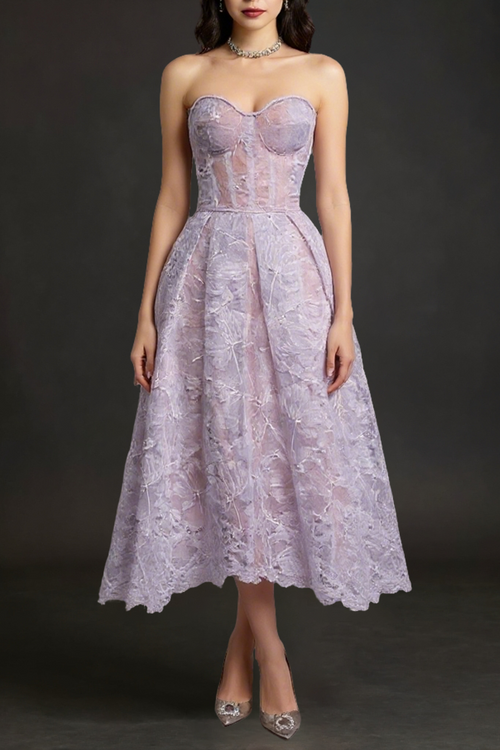 Flowering Girl Women Agnens Purple Sexy Strapless Embroidered Lace Midi Dress