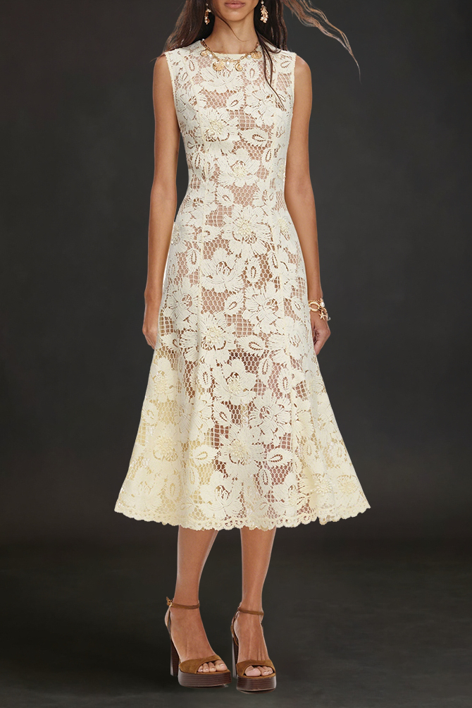 Marjorie Yellow Crochet Lace Hollow Midi Dress