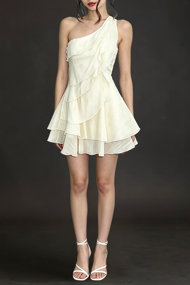 Flowering Girl Women Evelyn One-Shoulder Layered Ruffle Mini Dress - Apricot