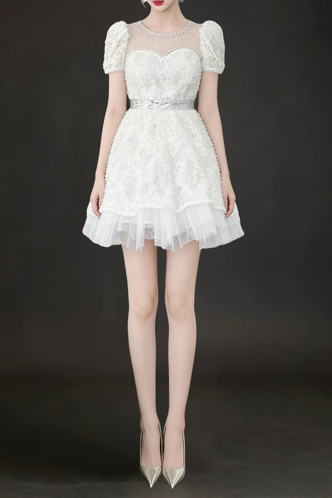 White Lace Sequin Puff Sleeve Mini Dress With Tulle Hem