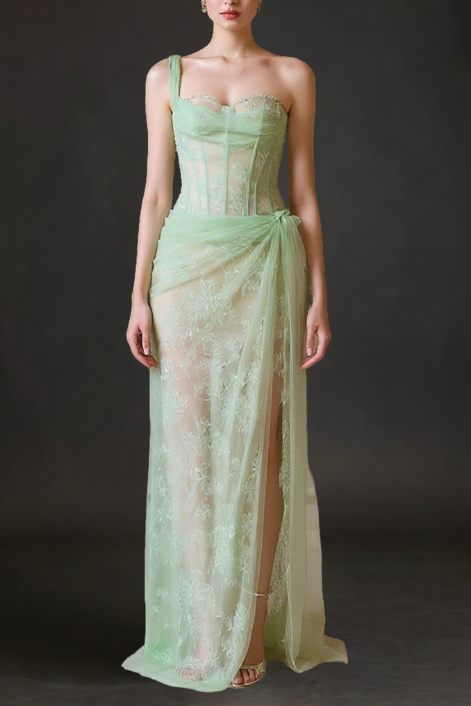 Mandy One-Shoulder Lace Tulle Maxi Dress In Mint