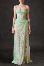 Mandy One-Shoulder Lace Tulle Maxi Dress In Mint