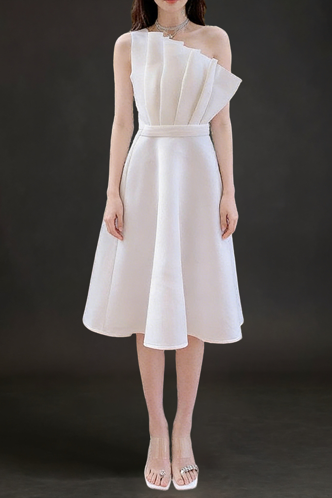 Dolores Ruffled Hem Strapless One-Shoulder Full Midi Dress