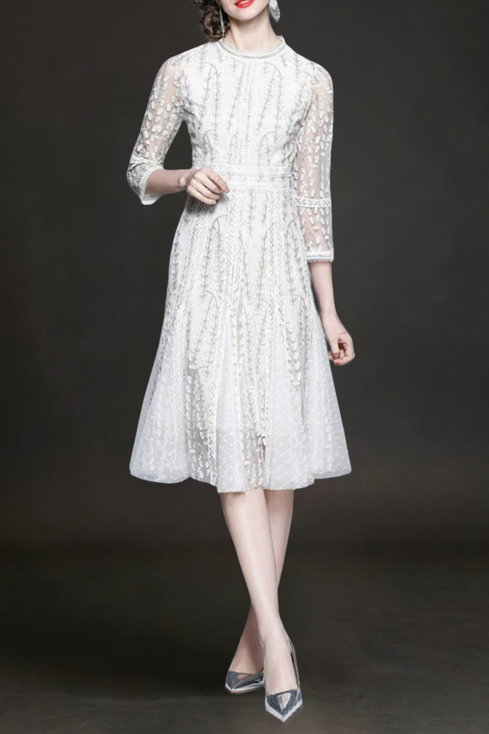 Josephine Lace Embroidered Mesh Midi Dress In White
