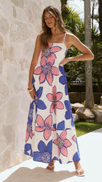 Flowering Girl Women penelope Botanic Blue-Pink Print Eyelet Maxi Dress