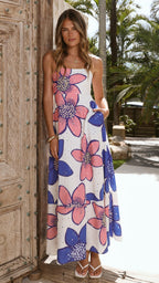 Flowering Girl Women penelope Botanic Blue-Pink Print Eyelet Maxi Dress