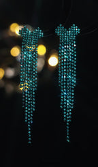 Flowering Girl Women Dahlia Green Rhinestone Heart Tassel Earrings