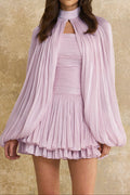Flowering Girl Women High Neck Keyhole Cape Puff Sleeve Ruched Pleated Mini Dress
