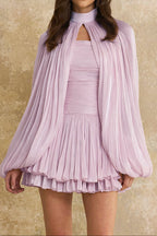 Flowering Girl Women High Neck Keyhole Cape Puff Sleeve Ruched Pleated Mini Dress