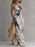 Flowering Girl Women Halter Neck Ink Wash Print Wide Leg Jumpsuit With Pockets