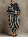 Flowering Girl Women Casual Color-Block Printed Long-Sleeve Top And Pants Set