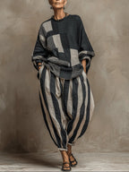 Flowering Girl Women Casual Color-Block Printed Long-Sleeve Top And Pants Set
