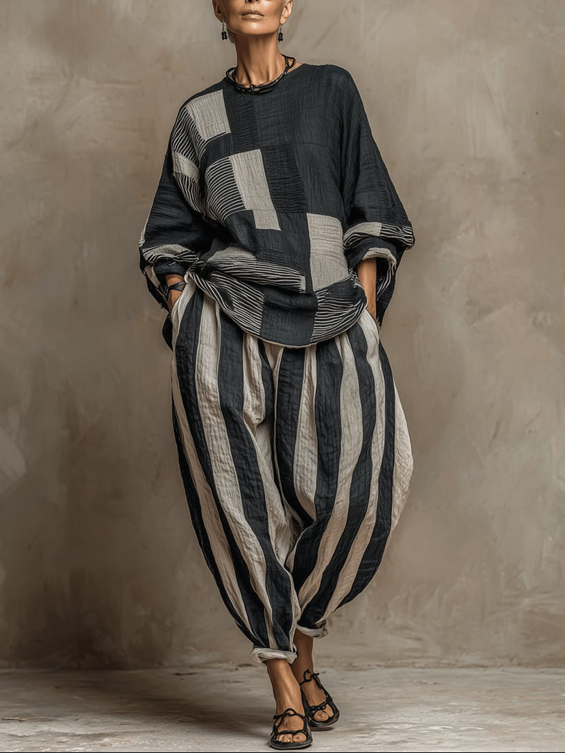 Flowering Girl Women Casual Color-Block Printed Long-Sleeve Top And Pants Set