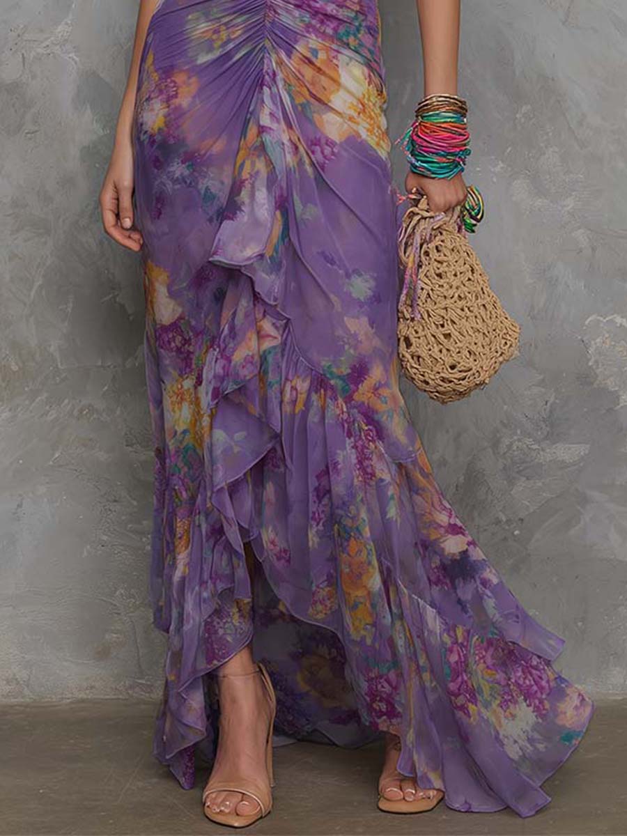 Flowering Girl Women Elegant Purple Floral Chiffon Halter Maxi Dress