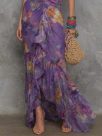Flowering Girl Women Elegant Purple Floral Chiffon Halter Maxi Dress