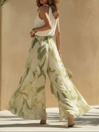 Flowering Girl Women Vacation Chiffon Ruffled Sleeveless Top And Lily Print Pants Set