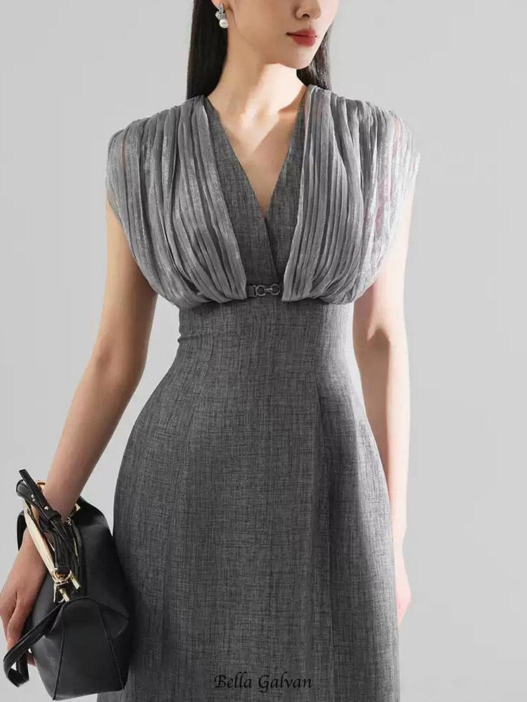 Mesh stitching sleeveless midi dress in grey