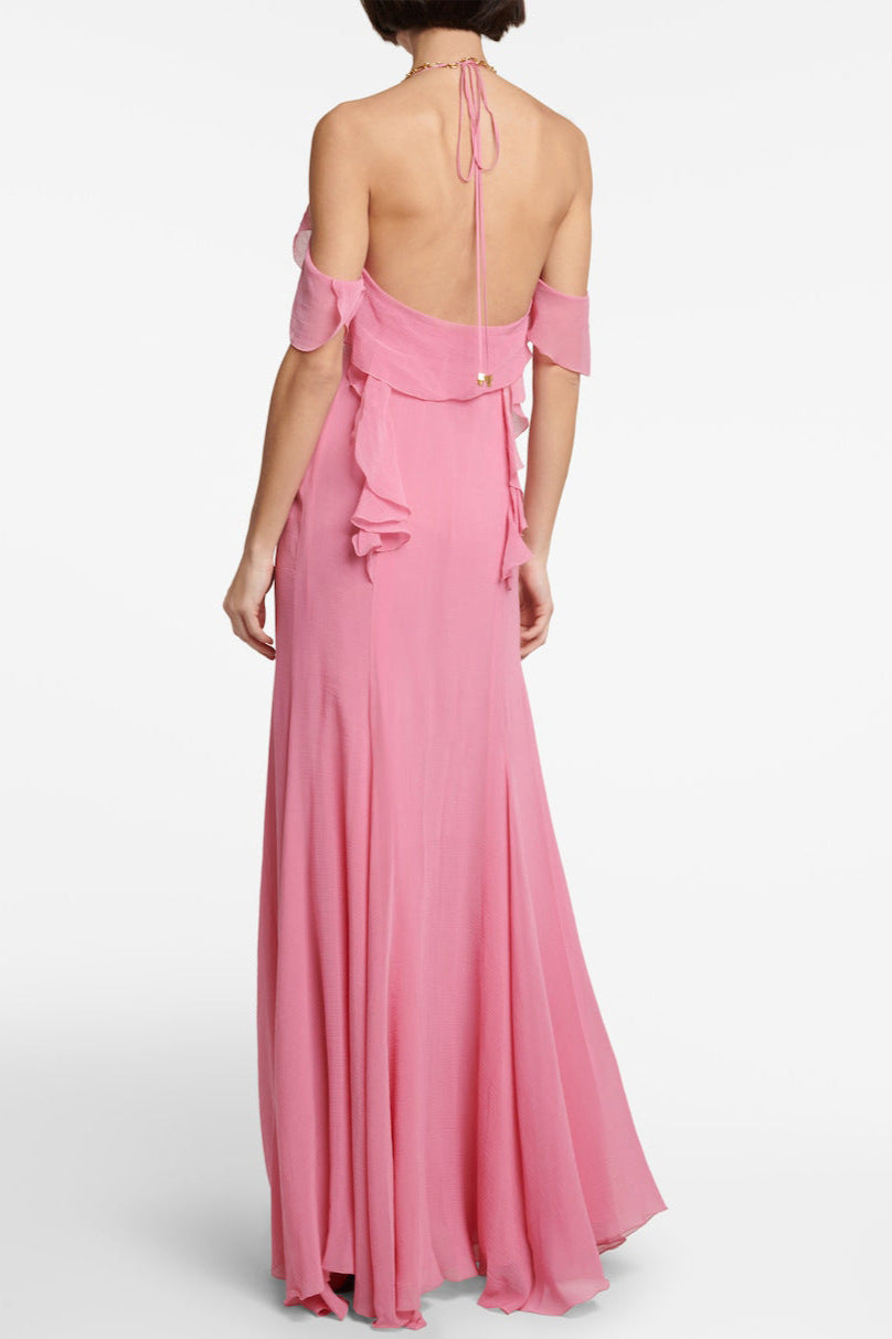 Pink Ruffle Cotton And Silk Maxi Dress