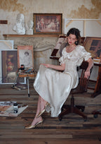 Flowering Girl Women Square neck puff sleeve lace satin maxi dress - white