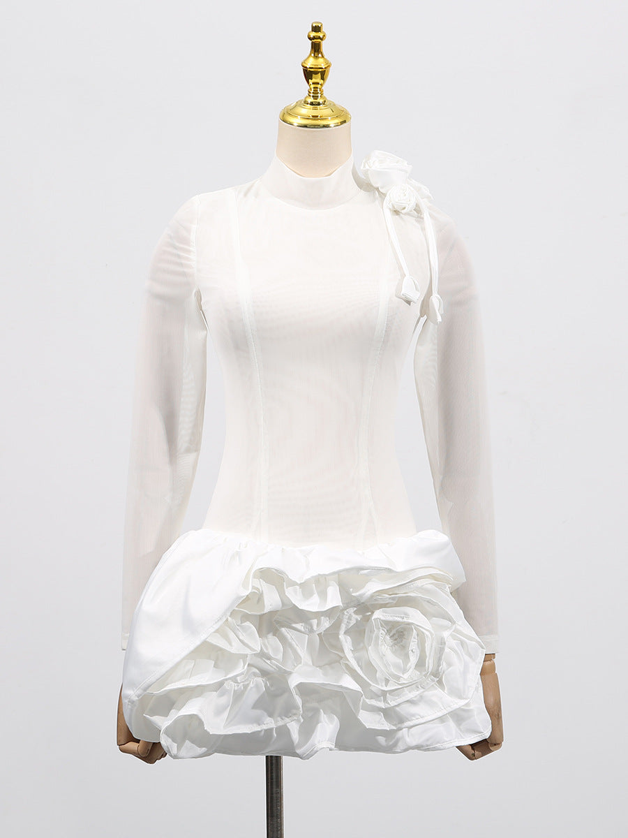 Flowering Girl Women 3d Flower Hem Mesh Mini Dress In White