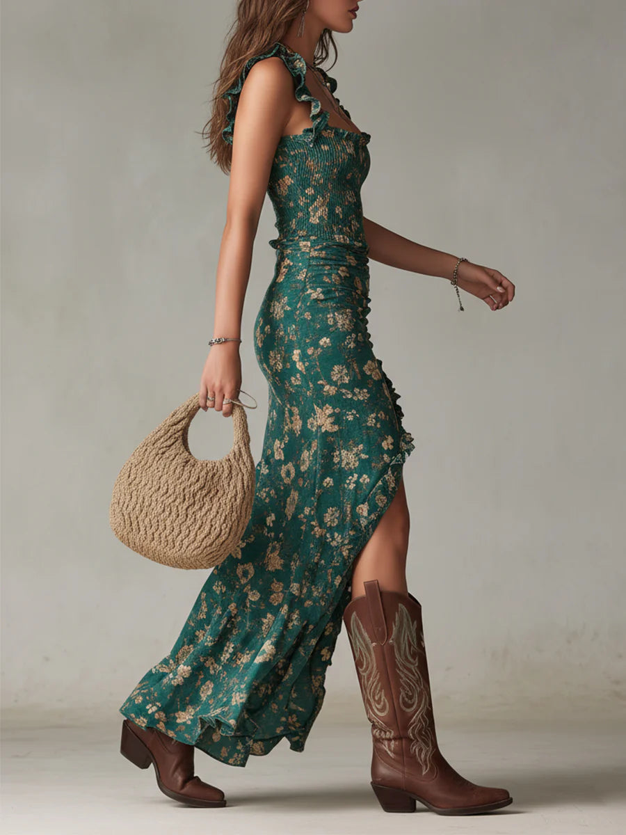 Flowering Girl Women Bohemian Green Printed Maxi Dress with Ruffled Sleeves