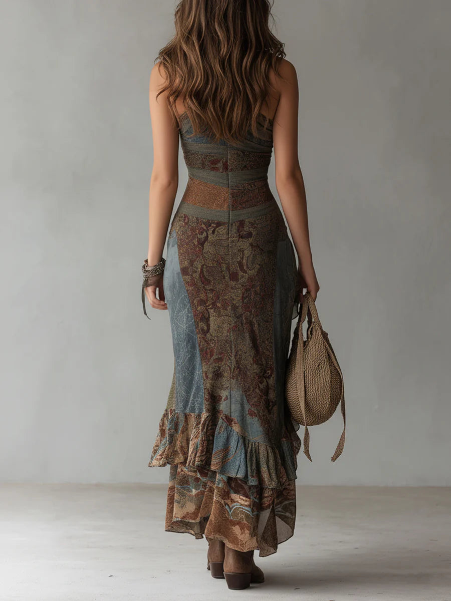 Flowering Girl Women Ethnic-Style Printed One-Shoulder Maxi Dress with High Slit
