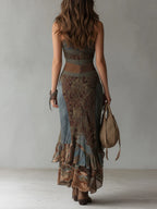 Flowering Girl Women Ethnic-Style Printed One-Shoulder Maxi Dress with High Slit