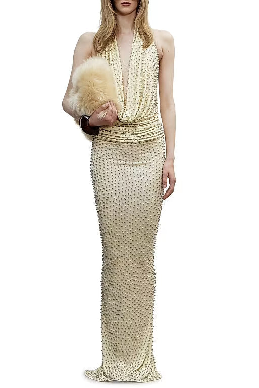 Stephanie Beading Embellished Halter Backless Maxi Dress In Butter