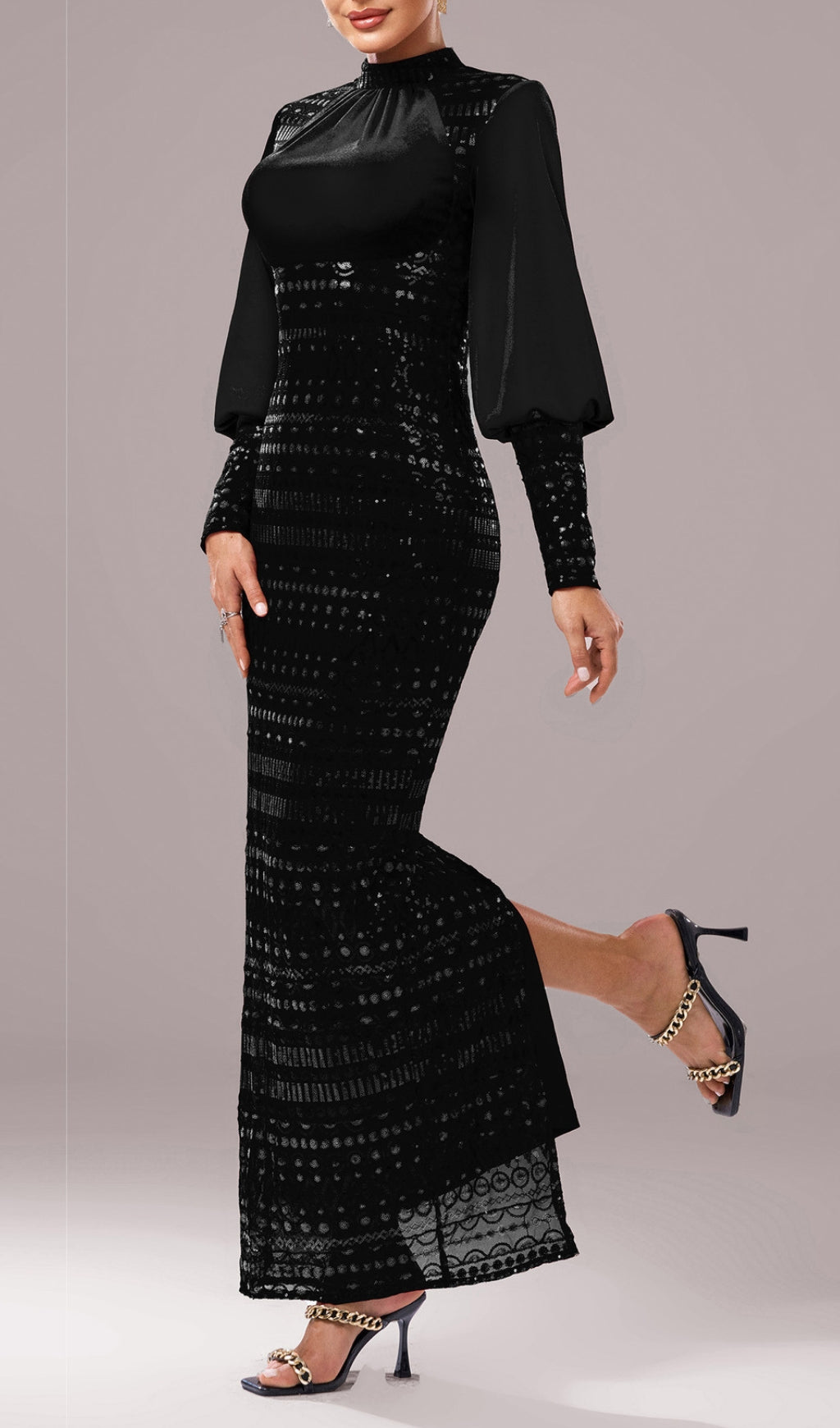 Flowering Girl Women Sequin Long Sleeve Maxi Dress In Black