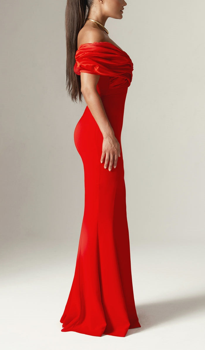 Flowering Girl Women Sophia Off Shoulder Ruched Maxi Slit Dress in red