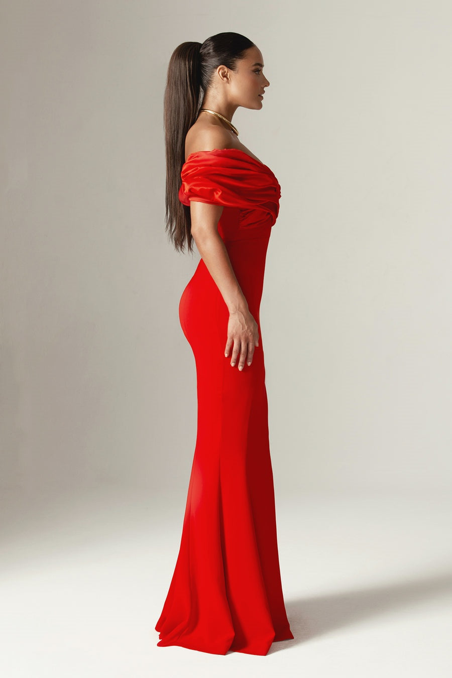 Flowering Girl Women Sophia Off Shoulder Ruched Maxi Slit Dress In Red