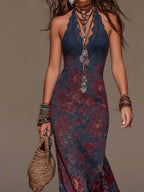 Flowering Girl Women Retro Lace Halterneck Floral Fishtail Maxi Dress