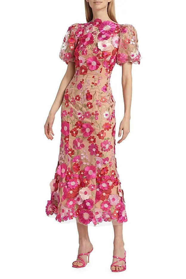 Flowering Girl Women Carol Rose Red Floral Embroidery Mesh Fishtail Midi Dress