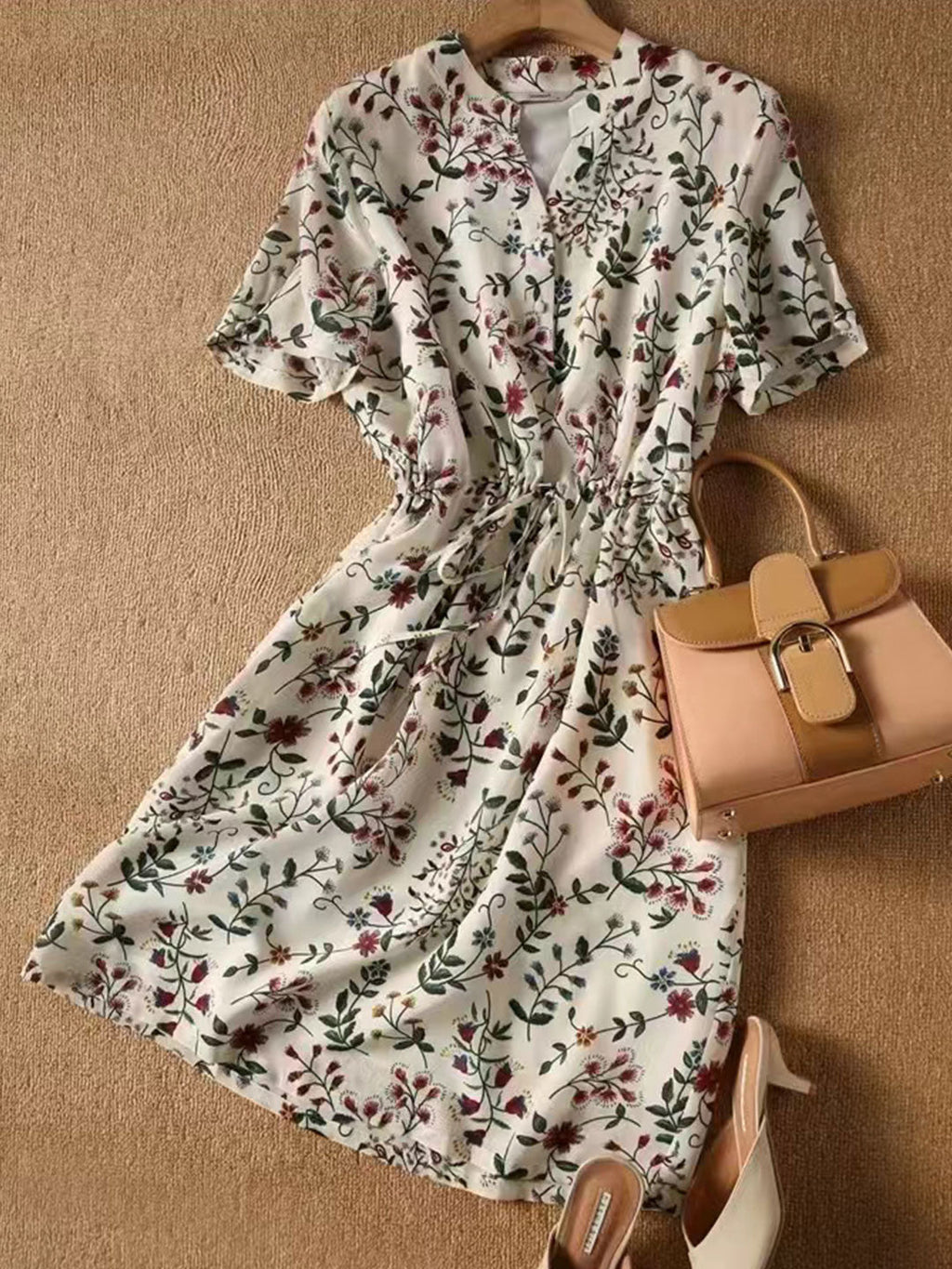 Flowering Girl Women sabrina V-Neck Printed Drawstring Chiffon Dress