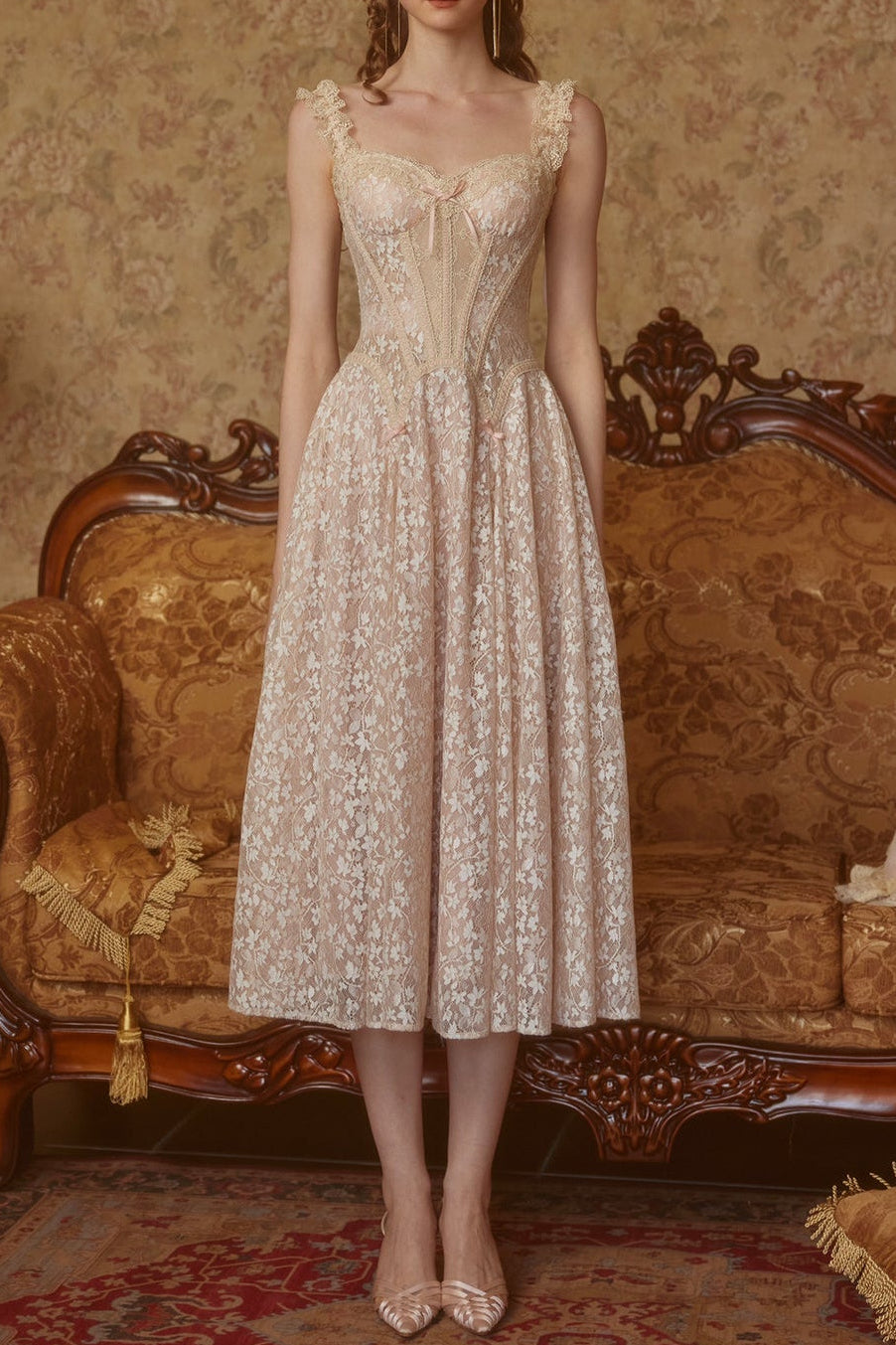 Flowering Girl Women Aurora Lace Floral Embroidery Midi Dress In Nude
