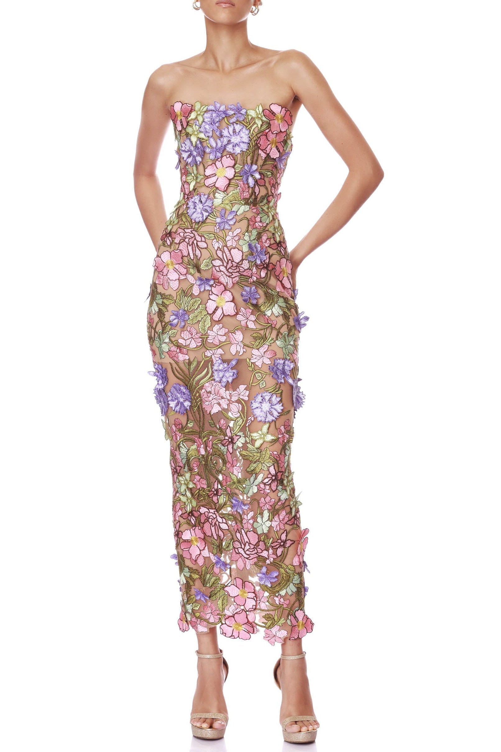 eudora multicolored Iris Floral embroidery Strapless maxi Dress