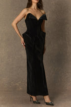 Amity Black Deep V-Neck Strapless Velvet Maxi Dress