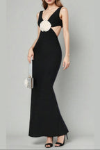 Flowering Girl Women Flower V-Neck Hollow Out Maxi Dress In Black