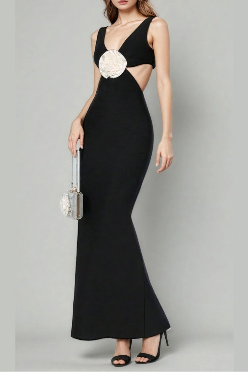 Flowering Girl Women Flower V-Neck Hollow Out Maxi Dress In Black