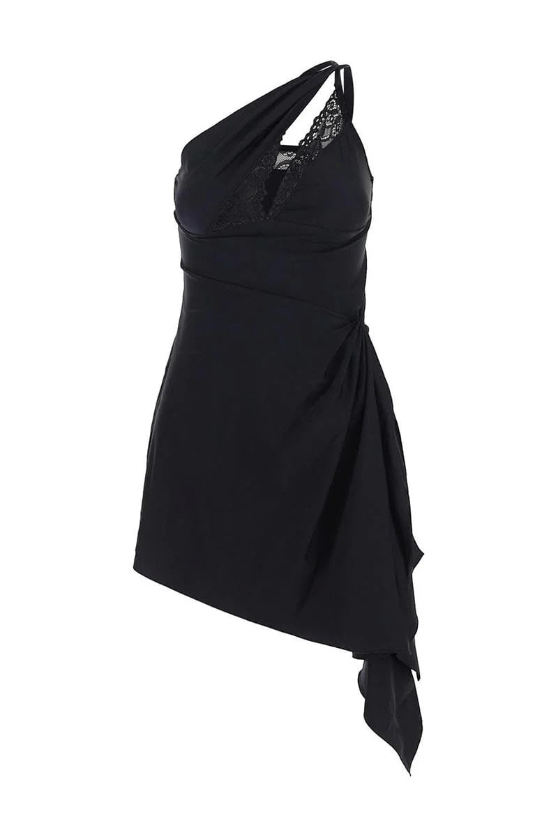 Flowering Girl Women One-Shoulder Lace Hollow Mini Dress In Black
