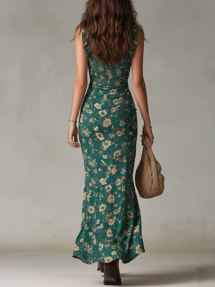 Flowering Girl Women Bohemian Green Printed Maxi Dress with Ruffled Sleeves