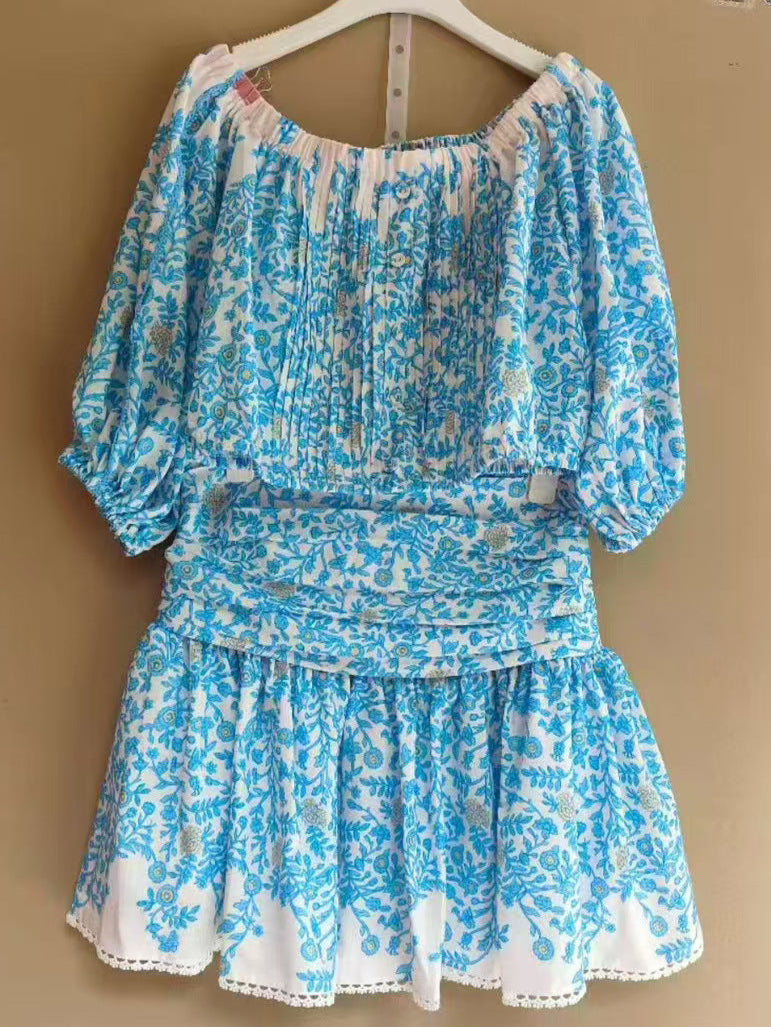 OFF-SHOULDER FLORAL PRINT MINI SKIRT SET IN BLUE