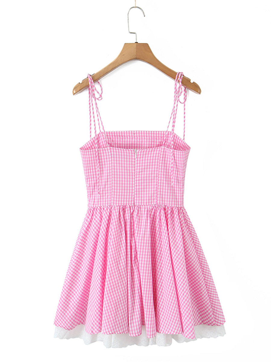 Flowering Girl Women Joyce Grid Strap Mini Dress In Pink