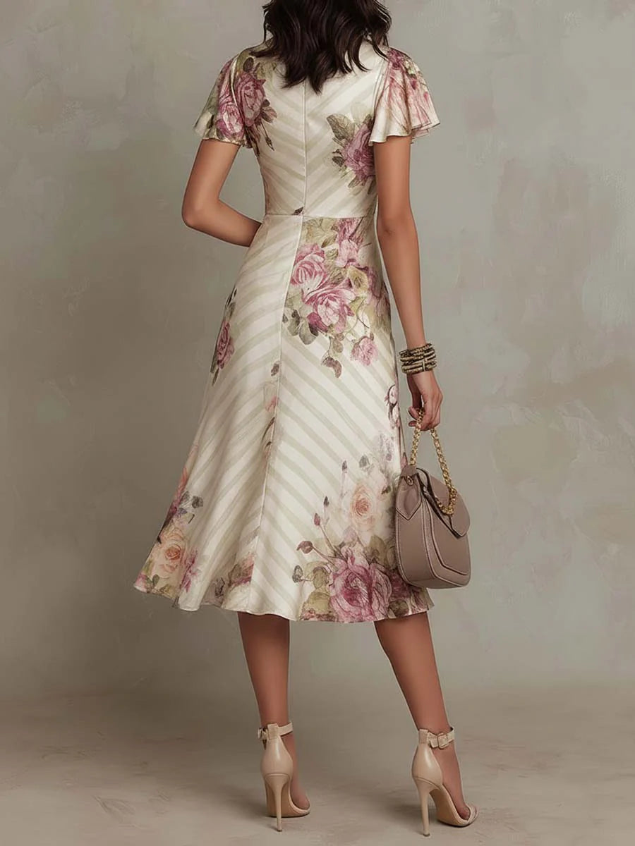 Flowering Girl Women Elegant vintage floral satin midi dress
